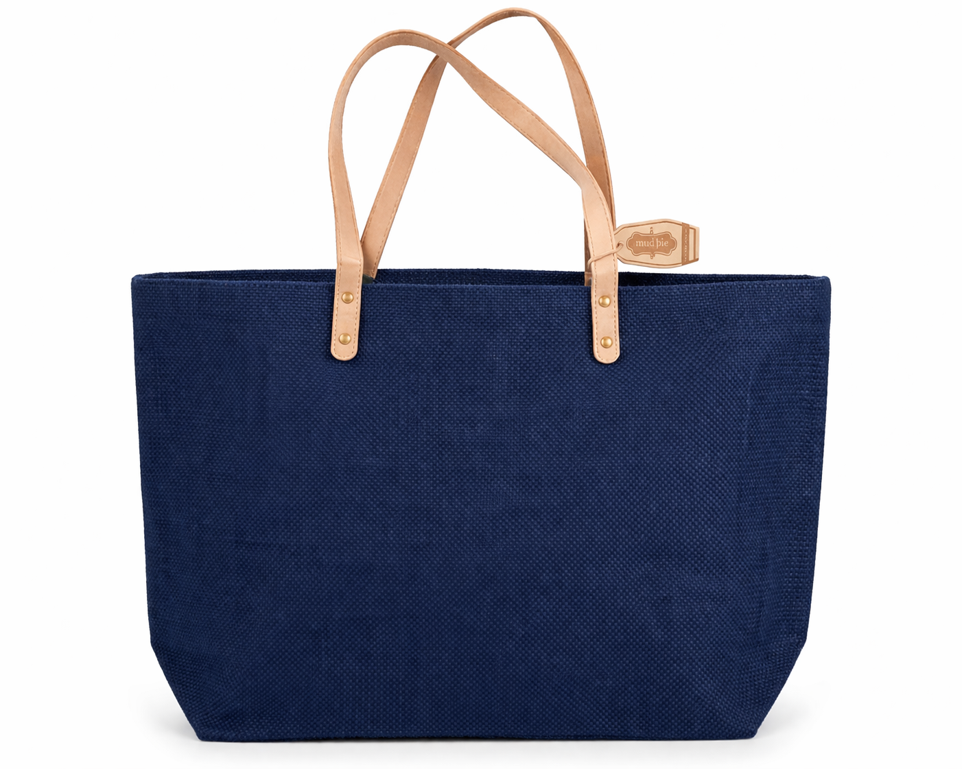 Classic Navy Jute Tote with Leather Handles – Personalized