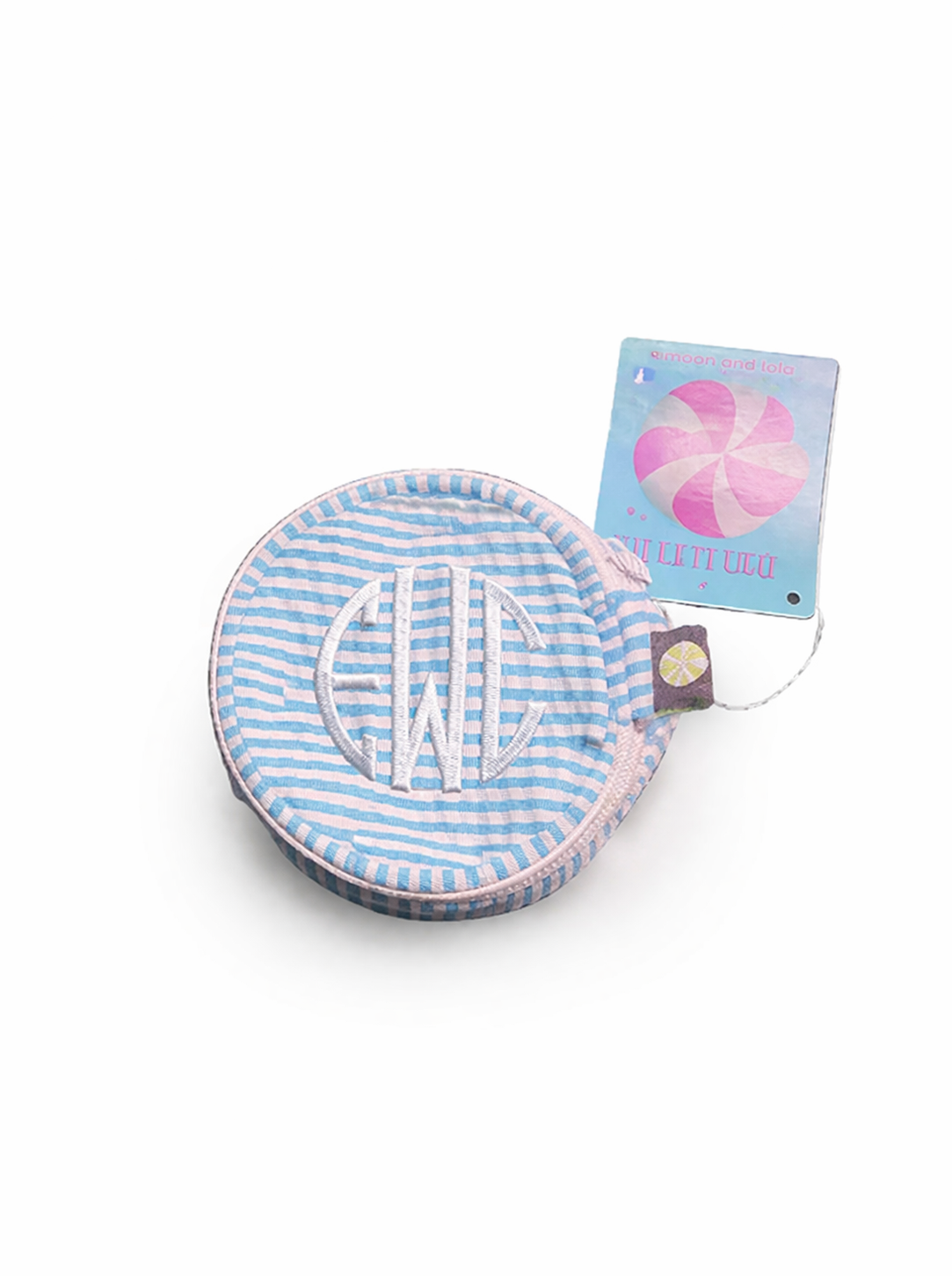 Mini Round Seersucker Coin Pouch – Blue Stripe Personalized Zip Case