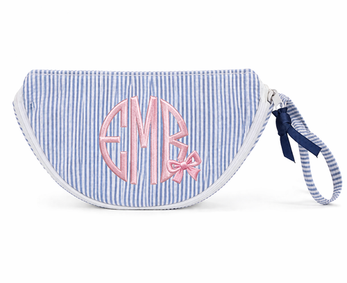 Blue Seersucker Half-Moon Cosmetic Bag – Personalized Zip Pouch