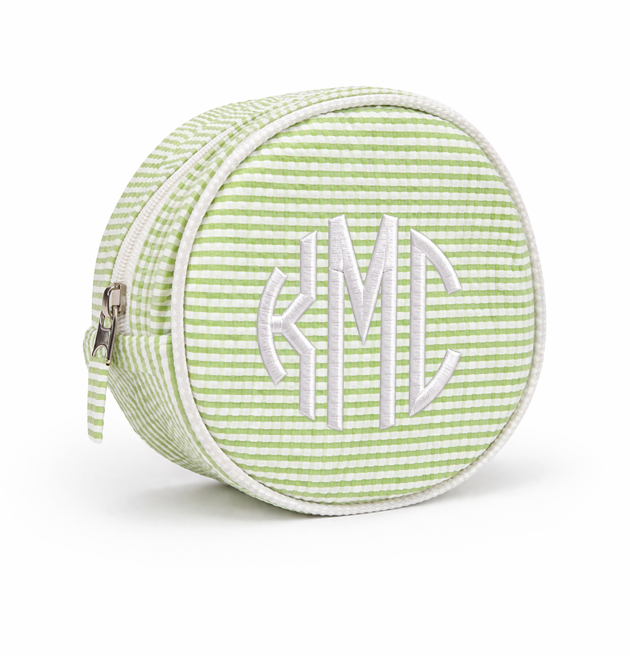 Mini Round Seersucker Cosmetic Bag – Green Stripe Personalized Pouch