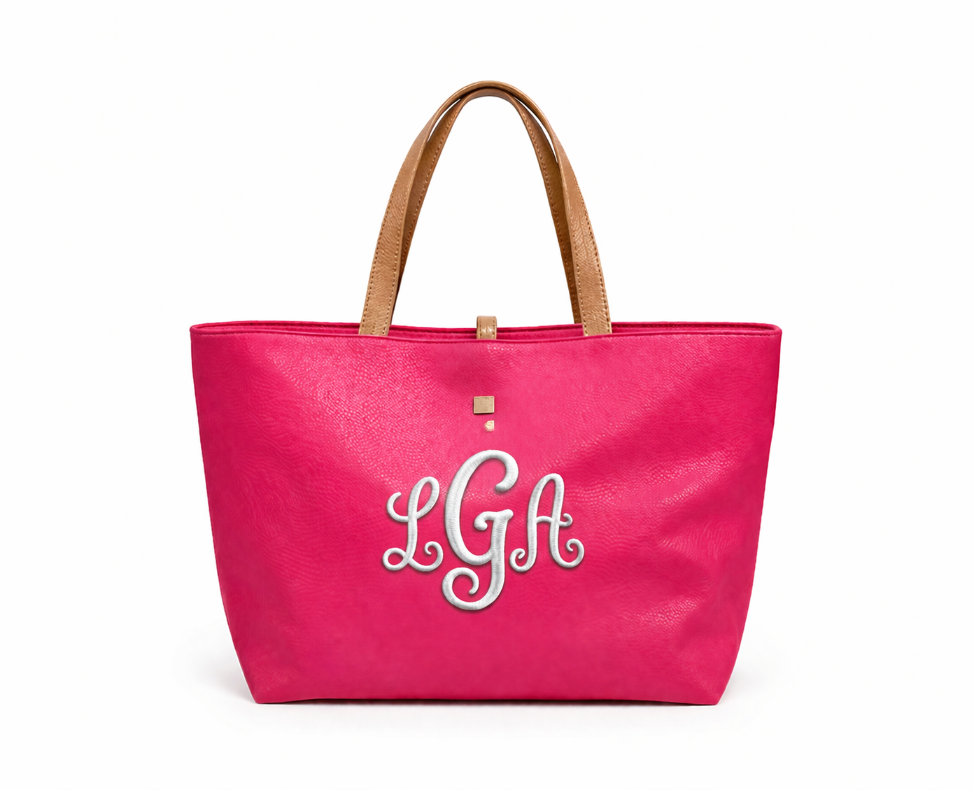 Hot Pink Faux Leather Tote with Tan Handles – Chic Everyday Bag (Personalized)