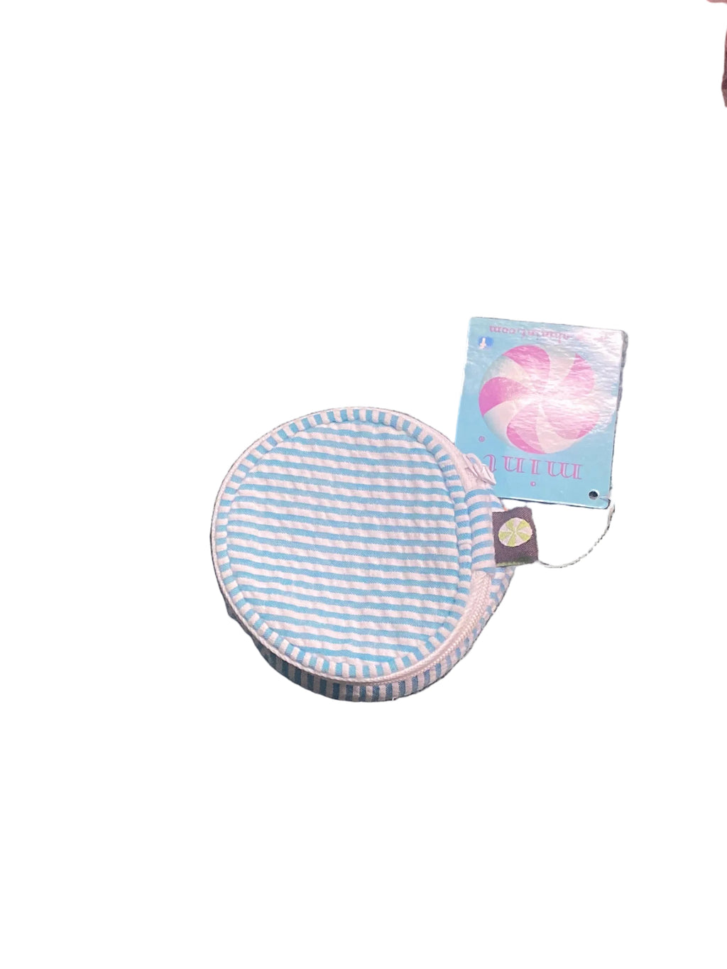 Mini Round Seersucker Coin Pouch – Blue Stripe Personalized Zip Case