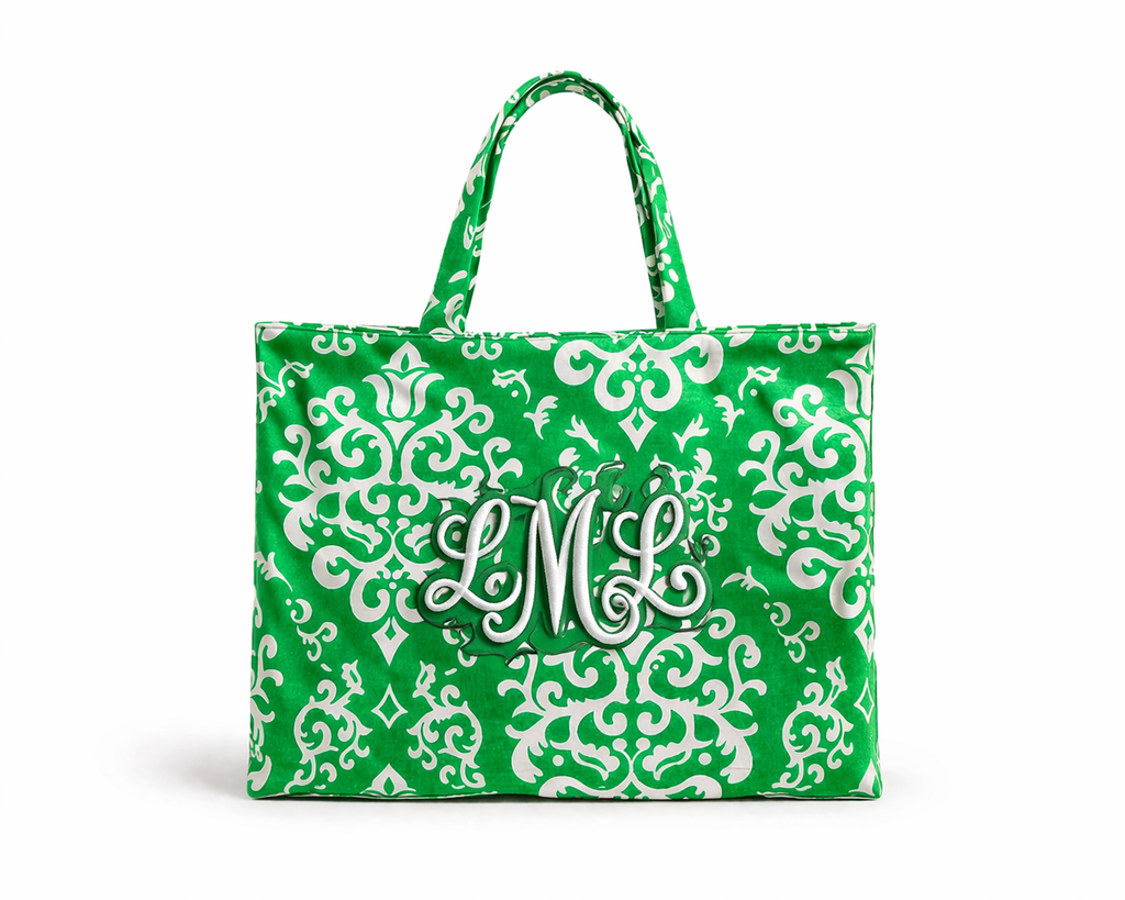 Green Damask Canvas Tote – Classic Pattern Everyday Bag (Personalized)
