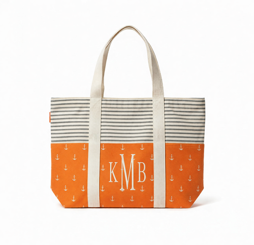Anchor Stripe Canvas Tote – Personalized Coastal Bag (Orange)