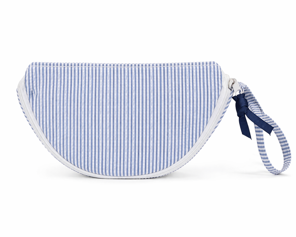 Blue Seersucker Half-Moon Cosmetic Bag – Personalized Zip Pouch