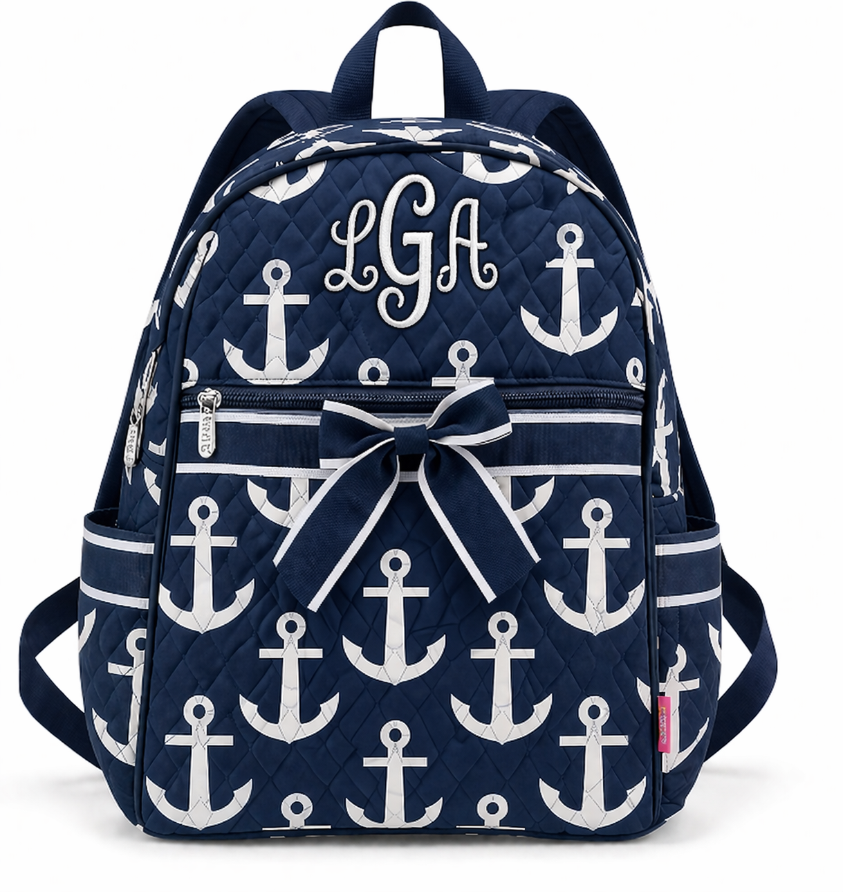 Navy Anchor Quilted Backpack with Bow – Coastal Kids Bag (Personalized)