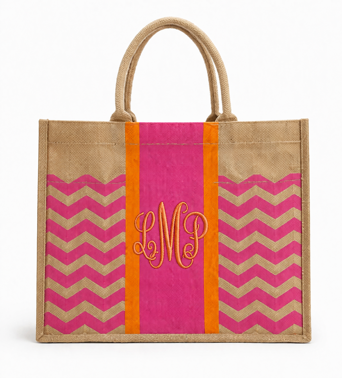 Chevron Jute Tote – Pink & Orange Stripe Beach Bag (Personalized)