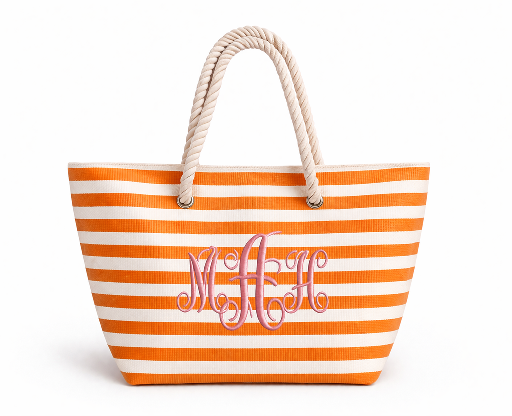 Orange Stripe Canvas Tote with Rope Handles – Coastal Beach Bag (Personalized)