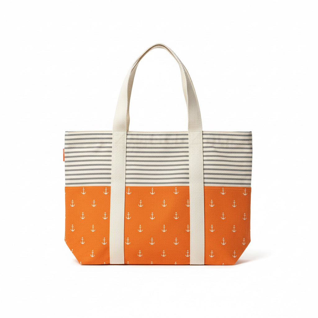 Anchor Stripe Canvas Tote – Personalized Coastal Bag (Orange)