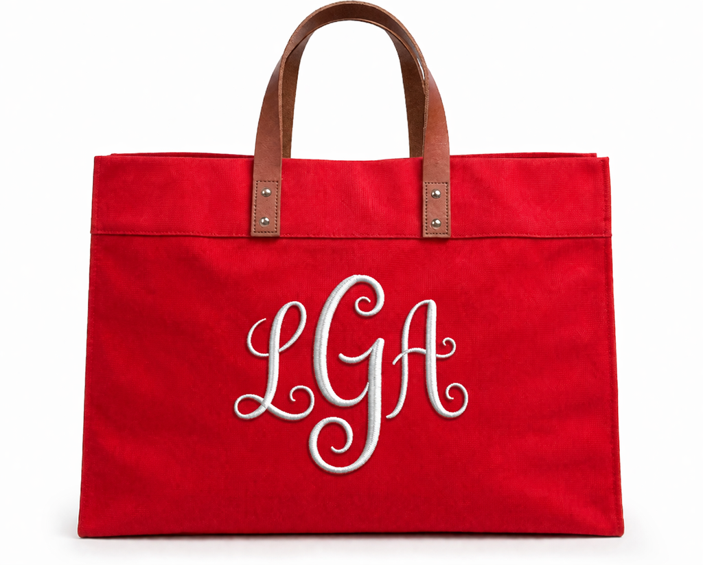 Red Canvas Tote with Leather Handles – Classic Structured Bag (Personalized)