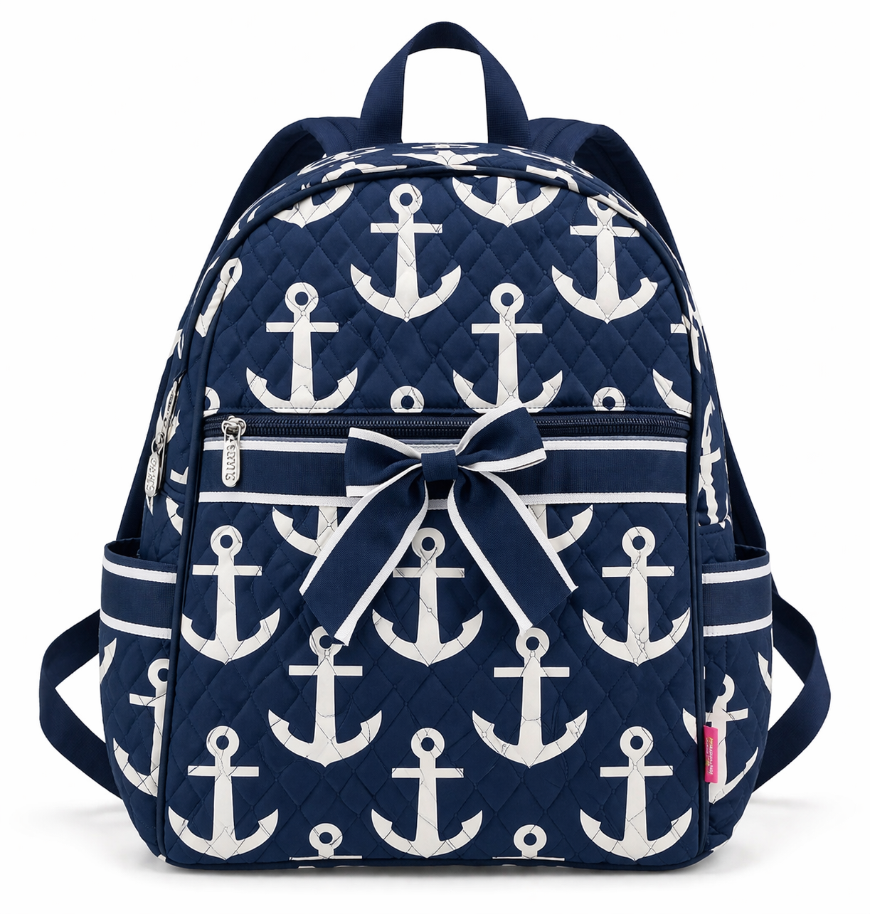 Navy Anchor Quilted Backpack with Bow – Coastal Kids Bag (Personalized)