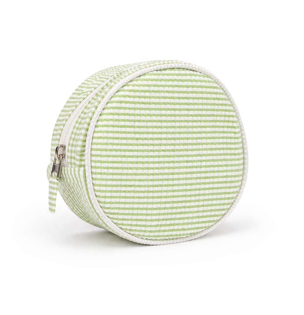Mini Round Seersucker Cosmetic Bag – Green Stripe Personalized Pouch
