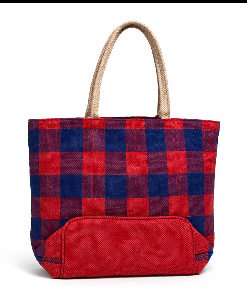 Monogram Buffalo Check Tote – Red & Navy Gift Bag