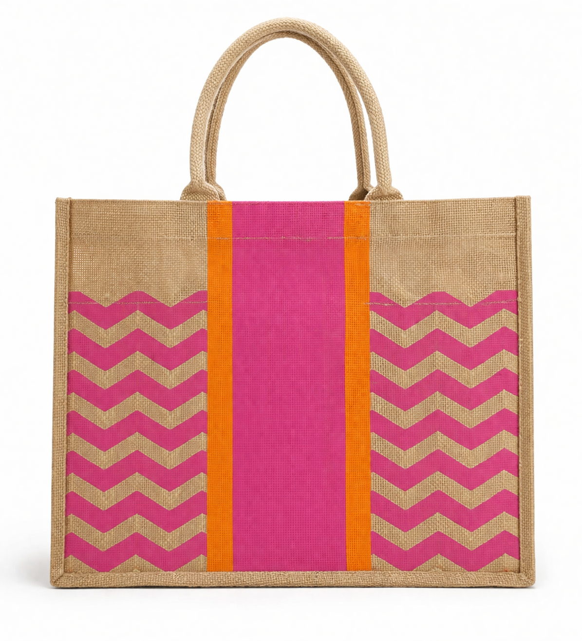 Chevron Jute Tote – Pink & Orange Stripe Beach Bag (Personalized)