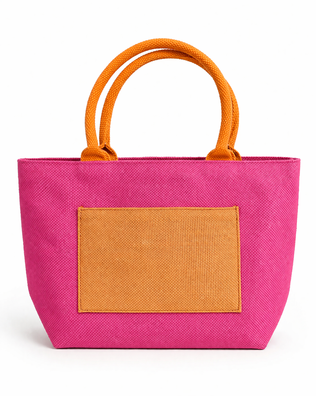 Color Block Jute Tote with Front Patch – Pink & Orange Mini Bag (Personalized)