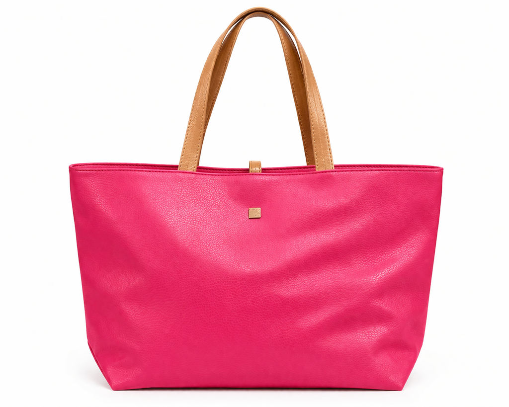 Hot Pink Faux Leather Tote with Tan Handles – Chic Everyday Bag (Personalized)
