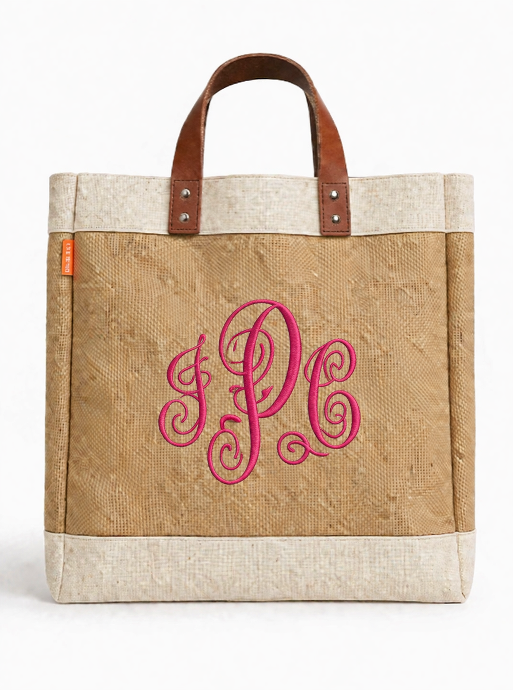 Jute Canvas Tote with Leather Handles – Natural Market Bag (Personalized)