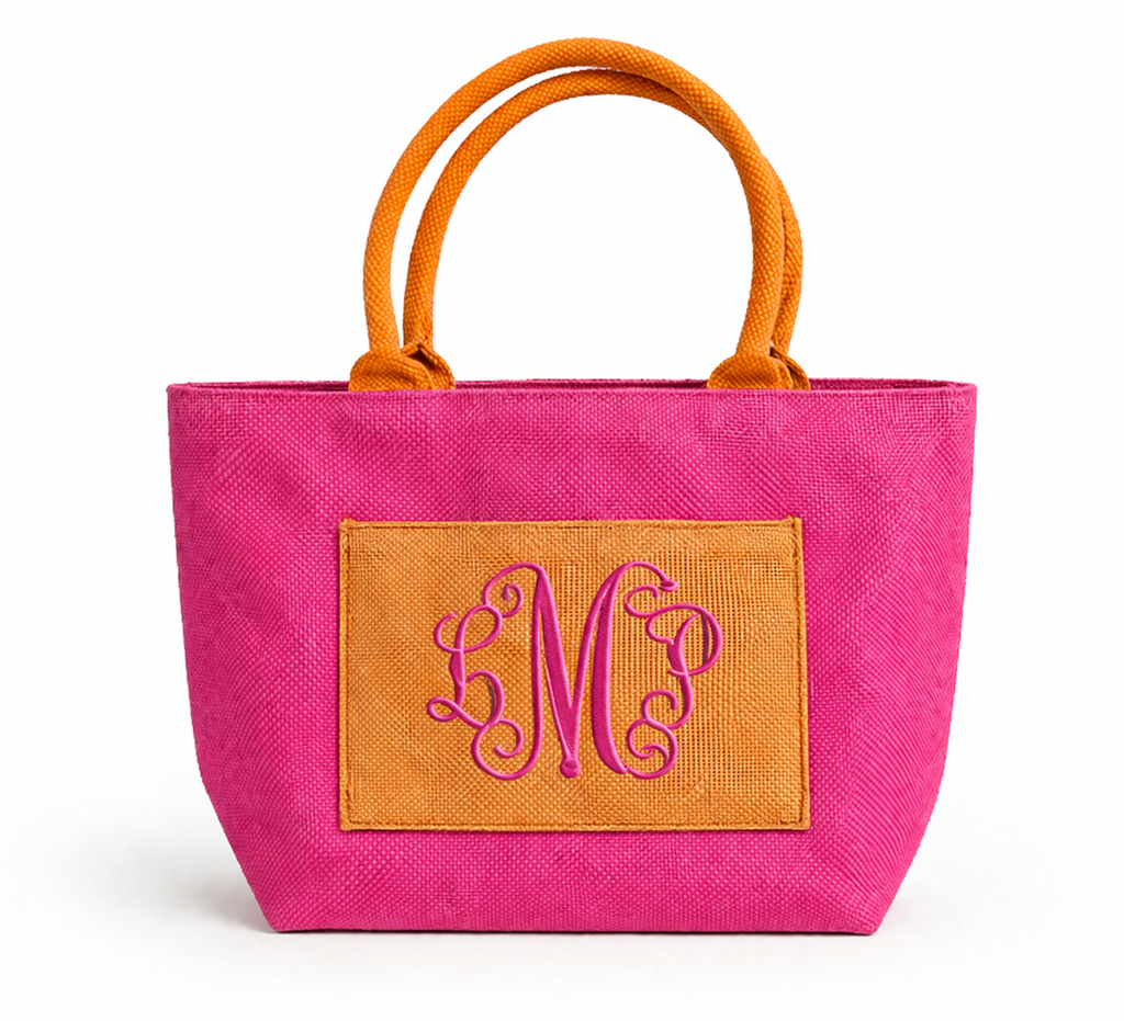Color Block Jute Tote with Front Patch – Pink & Orange Mini Bag (Personalized)