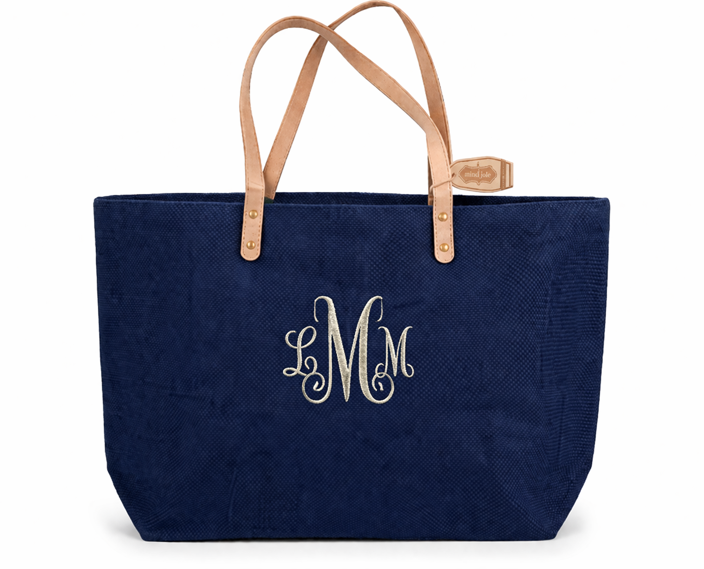Classic Navy Jute Tote with Leather Handles – Personalized