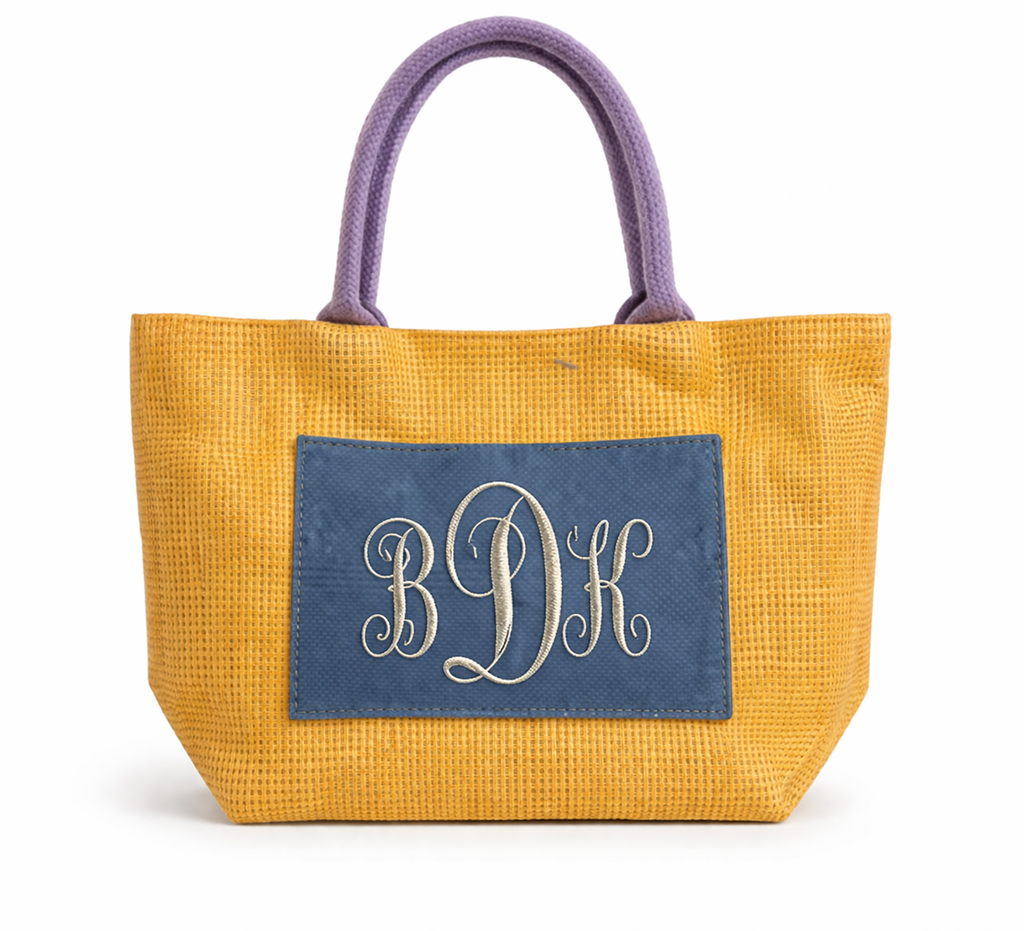 Mustard Jute Tote with Slate Panel & Lavender Handles – Personalized Canvas Bag