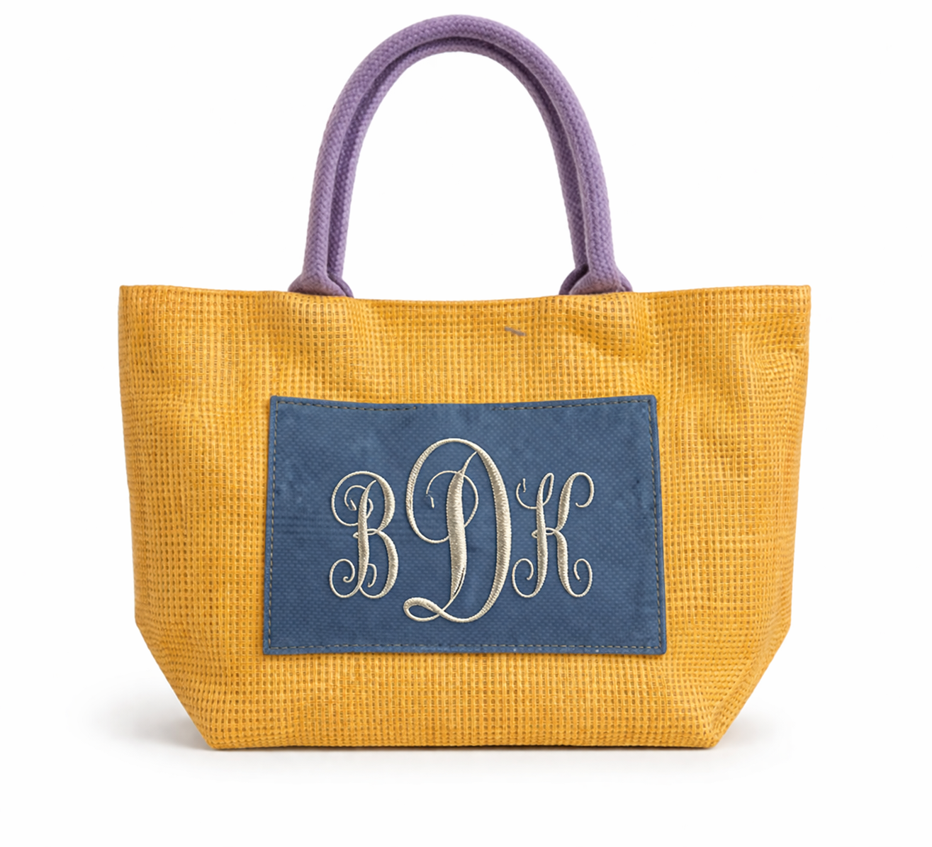 Mustard Jute Tote with Slate Panel & Lavender Handles – Personalized Canvas Bag