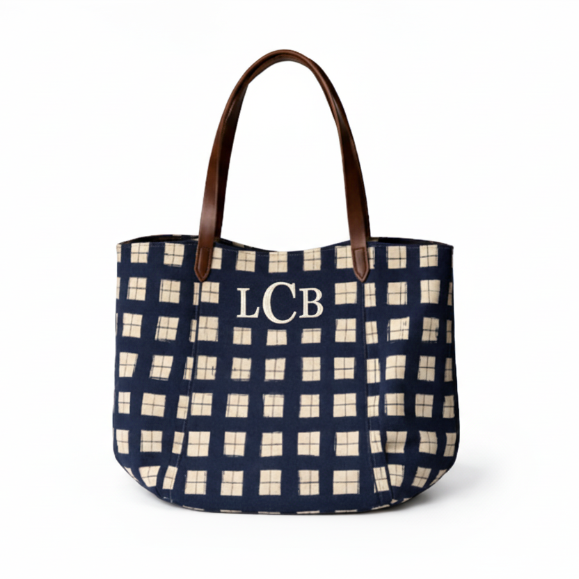 Custom Indigo Grid Tote – Add Your Initials