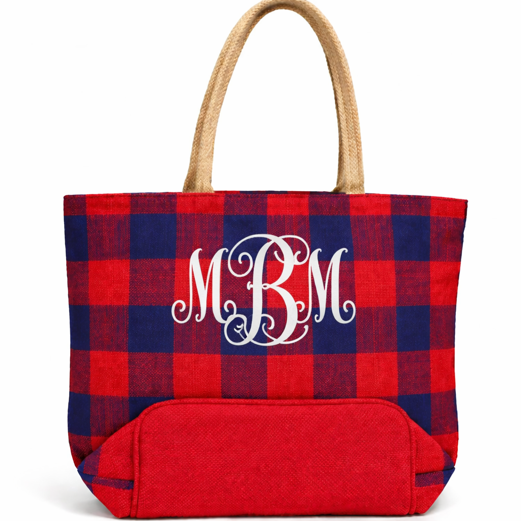 Monogram Buffalo Check Tote – Red & Navy Gift Bag